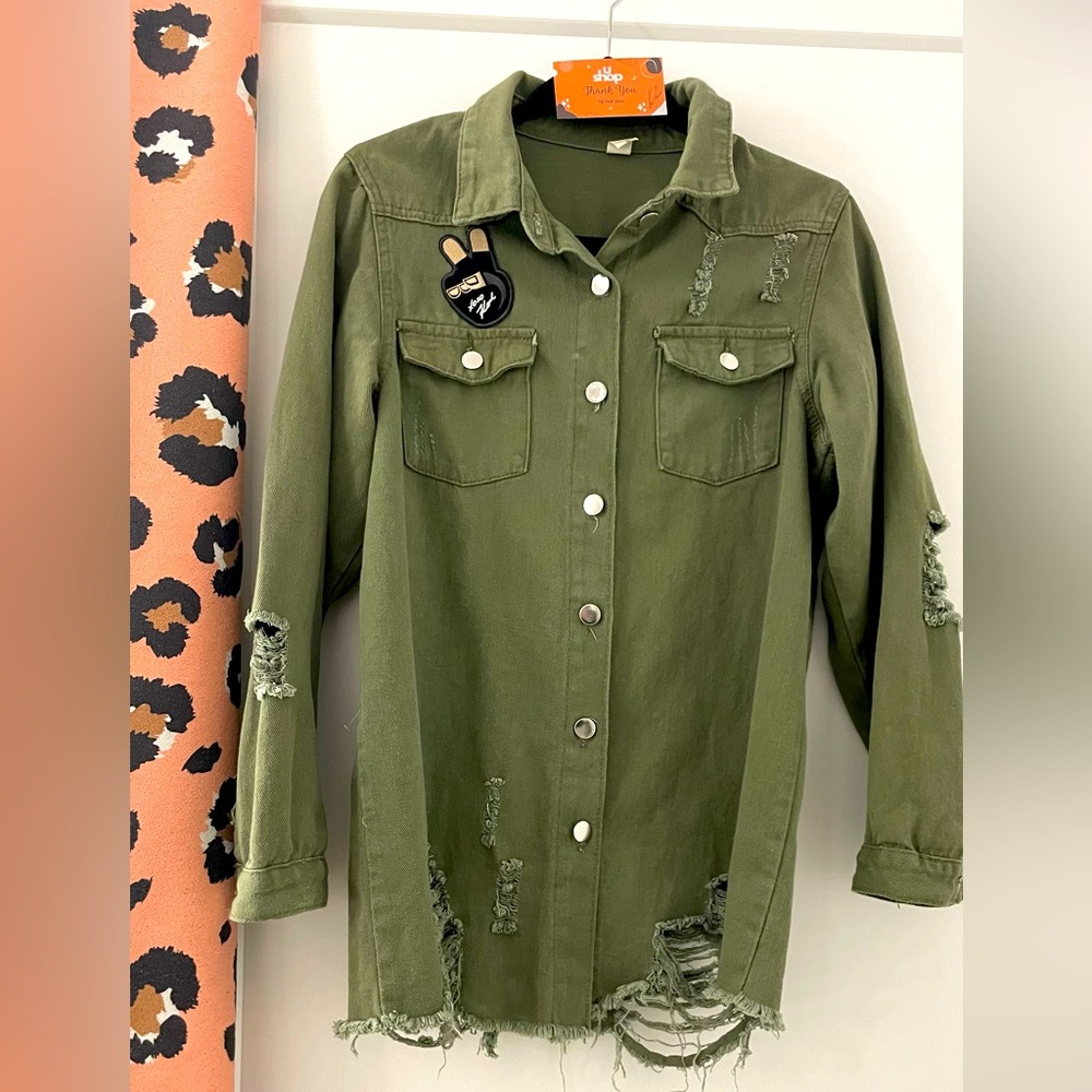 Army green ripped denim jacket